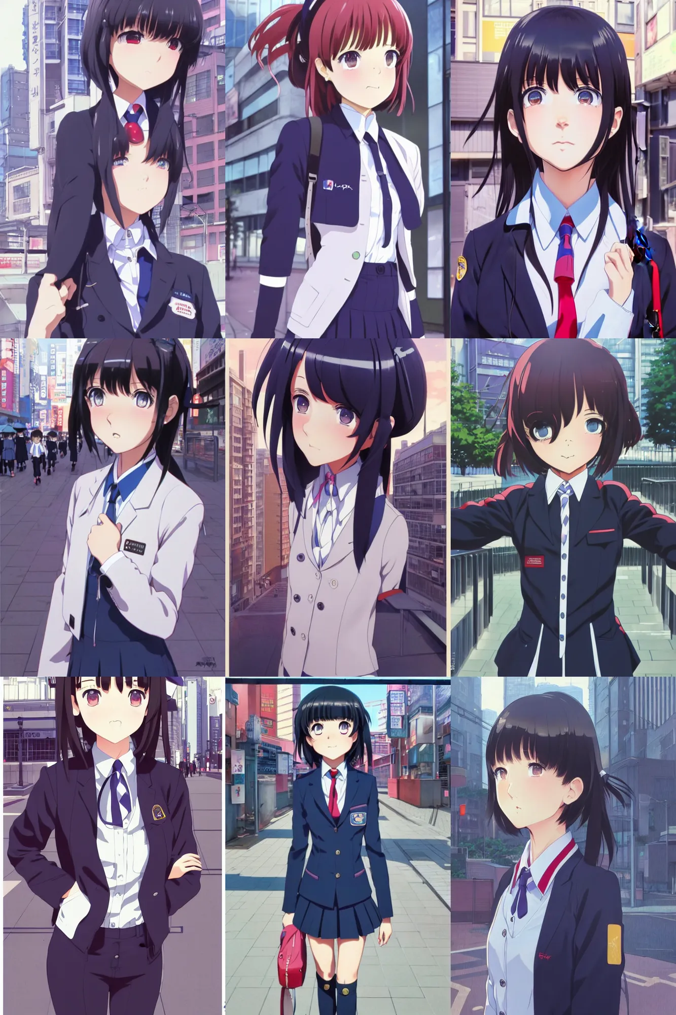 Prompt: a cute girl wearing school uniform standing in the city | | very very anime!!!, fine - face, realistic shaded perfect face, fine details, anime, realistic shaded lighting, poster by ilya kuvshinov katsuhiro otomo ghost - in - the - shell, magali villeneuve, artgerm, jeremy lipkin and michael garmash and rob reyt