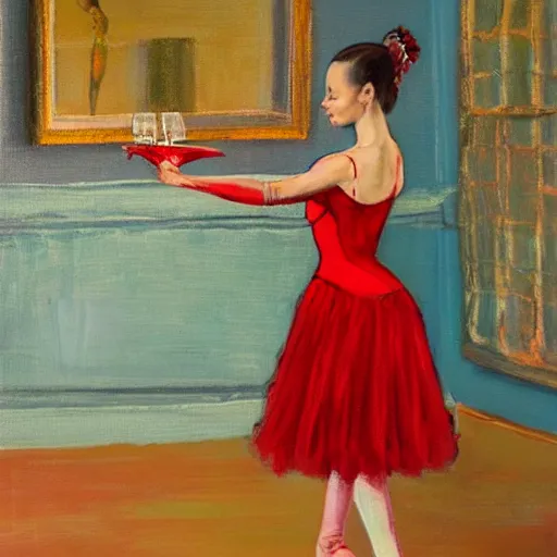 Image similar to painting of a ballerina in a teal room holding wine, red background