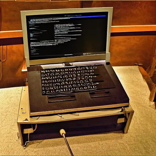 Prompt: Museum exhibit photo of a computer from the paleolithic era, uncovered by archaeologists