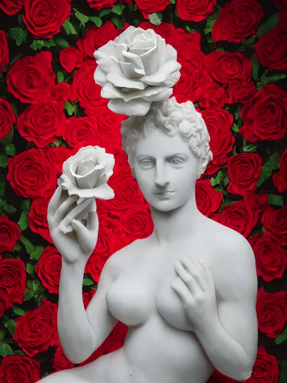 Image similar to portrait art venus of milo sculpture made of white marble, concept art, red roses exploding from her heart, volumetric lighting, hyperrealistic, focused, extreme details, masterpiece, fine details