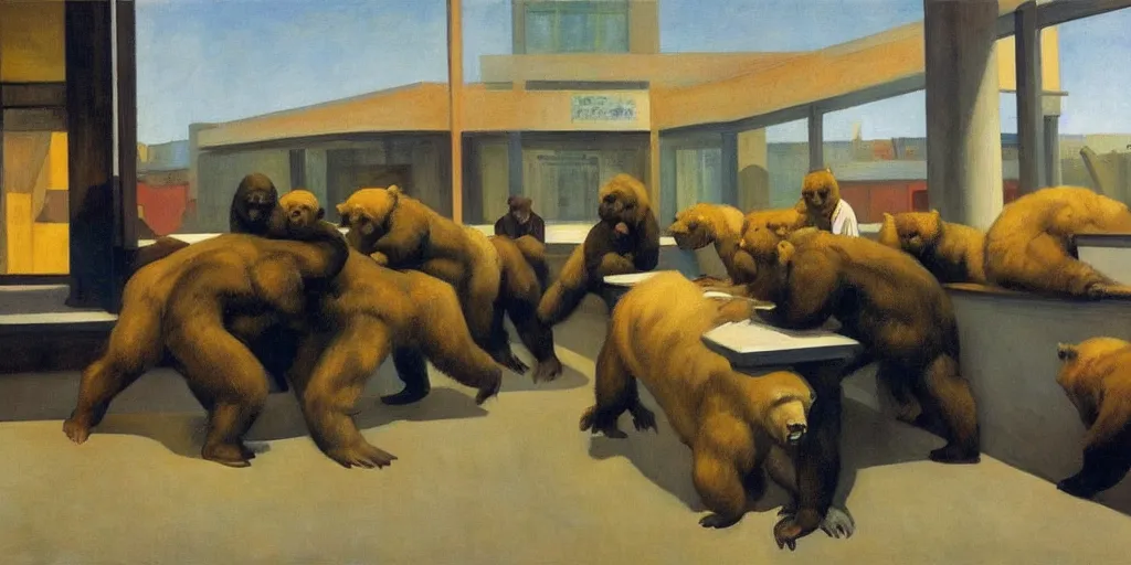 Image similar to edward hopper's painting, of a group of werebears robbing a bank