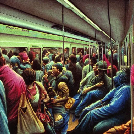 Prompt: photorealist painting of a crowded subway train, inside a metro car, ratp, many people, agoraphobia, exhausting, hot summer, sweating, moist, humidity, bleak light, cold neon lighting, inspired by beksinski, by francis bacon, by pablo picasso