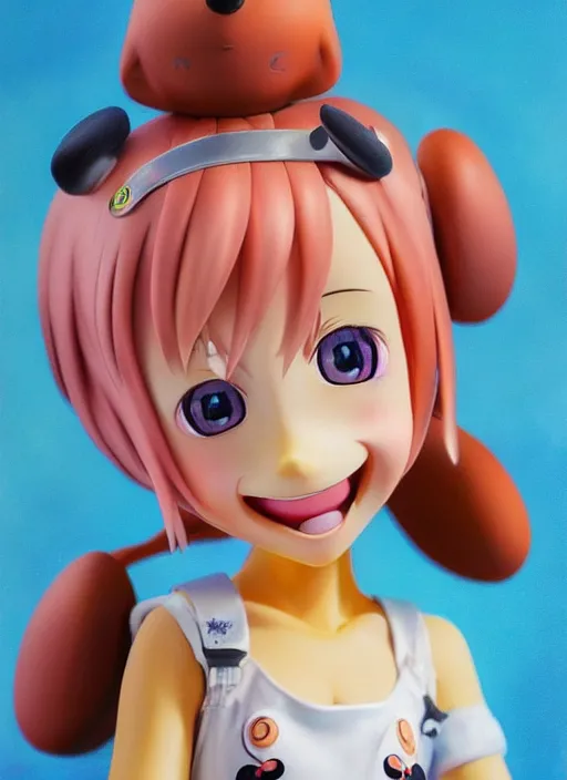 Image similar to a hyperrealistic oil painting of a looney kawaii vocaloid figurine caricature with a big dumb goofy grin, rosy cheeks with freckles, and pretty sparkling anime eyes featured on Wallace and Gromit by Makoto Shinkai