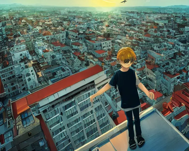 Image similar to teen standing on the roof of a building, sunset, bird eye view, fisheye view, illustration, by pine ( ハイネ ) and 薯 子 imoko and 香 川 悠 作 and wlop and maya takamura, highly detailed, trending artstation, pixiv, digital art