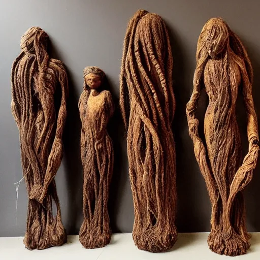 Prompt: dmt bodies. Mesh of human figures intertwined. earthen colors. The medium of this sculpture is human hair. A mess of human hair. Matted hair woven dreadlock sculpture. Tangled splitend hair. barbershop floor. Sculpted of coconut fibers. Surreeal fibrous art. Designed by August Rodine.