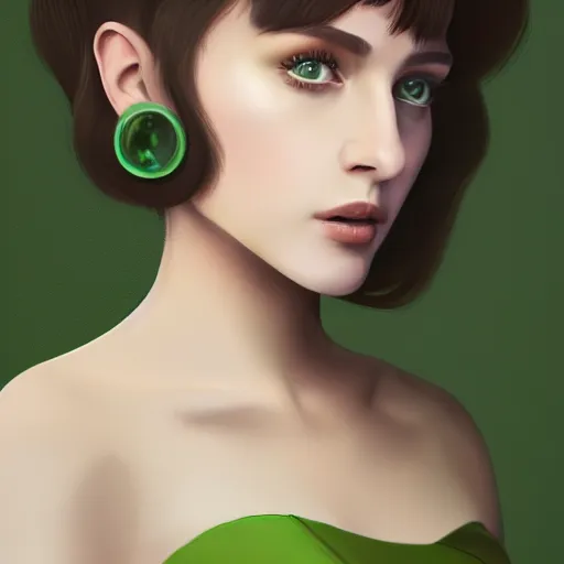 Image similar to a portrait photo of a young woman with short brown hair and green eyes, dress, space as the background, trending on artstation