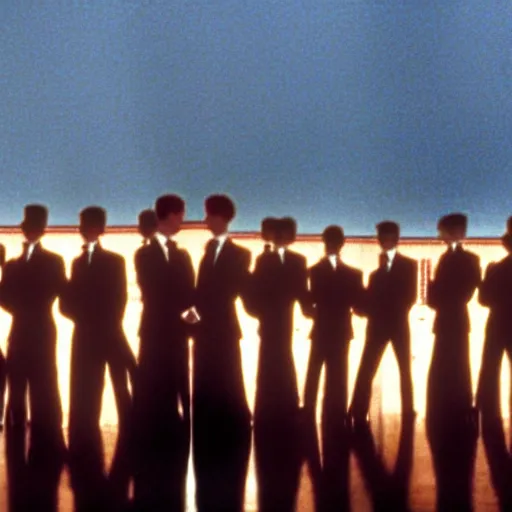 Prompt: still of emmanuel macron clones, invading place de la concorde, in american psycho ( 1 9 9 9 ), sunset