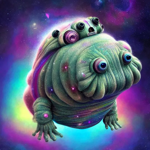 Image similar to a highly detailed tardigrade, it has rainbow hair and a beautiful unconventional face, floating through deep space, elegant, hyperrealistic, digital painting, artstation, realism, concept art, pop, smooth, mythological, sharp focus, qualia, illustration, art by mark ryden 3 d 8 k ultra detailed