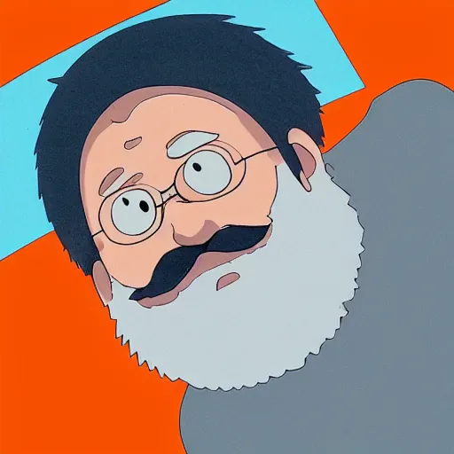 Prompt: bald man with a bright orange beard by studio ghibli, cinema still, 4 k