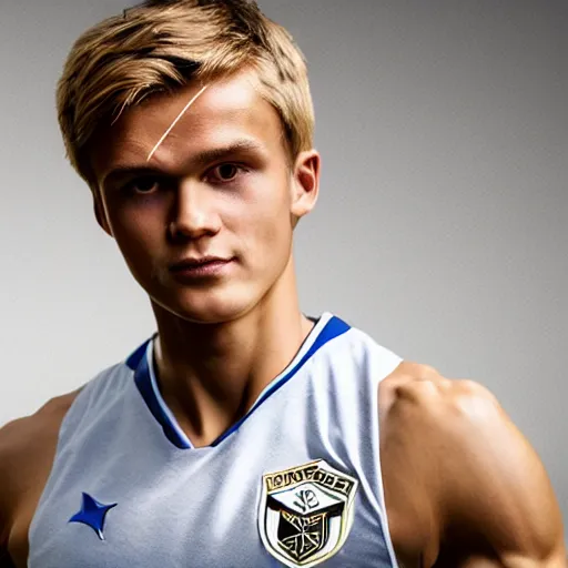 Prompt: a realistic detailed photo of a guy who is an attractive humanoid who is half robot and half humanoid, who is a male android, soccer player martin ødegaard, shiny skin, posing like a statue, blank stare, in a living room, on display, showing off his muscles, gold soccer shorts