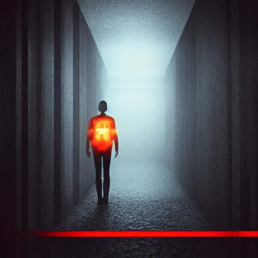 Prompt: photograph of an extremely dark narrow hallway with glowing humanoid cryptid with television static, dark deep black shadows, red and black color contrast in the style of trevor henderson, liminal space, 3 d octane render, glitch effect