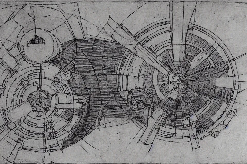 Image similar to construction drawing of a space station by leonardo da vinci