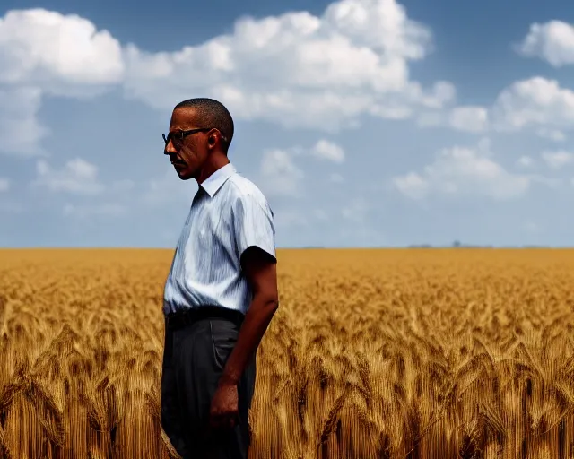 Prompt: walter white gustavo fring facing each other in a wheat field, side view, 3 5 mm photograph, 8 k resolution, wide shot, sharp lens
