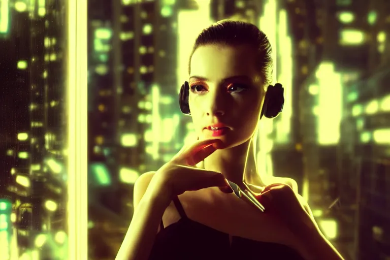 Prompt: cinematography closeup portrait of a gorgeous cyborg business woman in a cyberpunk apartment, neon lighting, night, by Emmanuel Lubezki