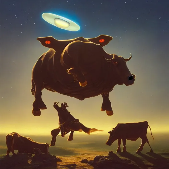 Prompt: ufo over the cow, oil on canvas, masterpiece, trending on artstation, featured on pixiv, cinematic composition, dramatic pose, beautiful lighting, sharp details, hyper-detailed, HD, HDR, 4K, 8K, art by Tim Hildebrandt and Wayne Barlowe and Bruce Pennington and ruan jia and larry elmore,