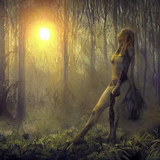 Image similar to a dirty lost person is following a floating blue softly glowing ball of light through the swampy forest, art by Alberto Rocha .