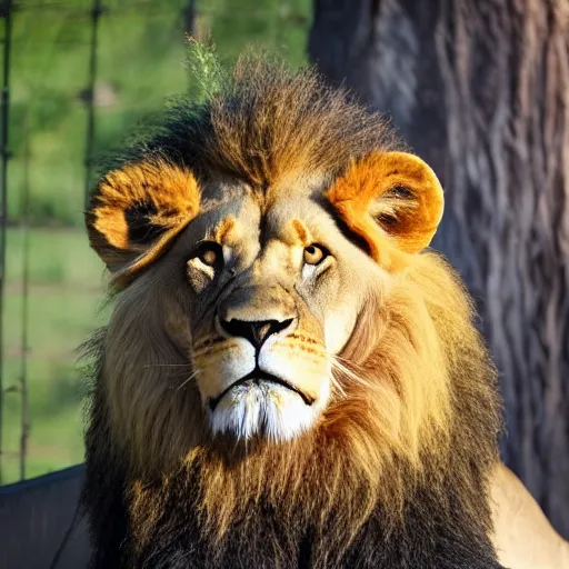 Prompt: lion roaring at the zoo wearing a hat