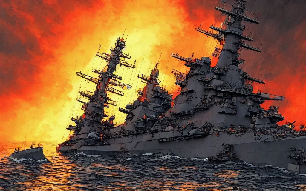 Image similar to japanese battleship yamato in front of huge nuclear explosion, in the style of james jean and laurie greasley, dynamic composition, dramatic lighting, ultra detailed