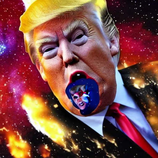 Prompt: Donald Trump, angry, swallowing a whole galaxy, 4k, highly detailed, macabre, ominous
