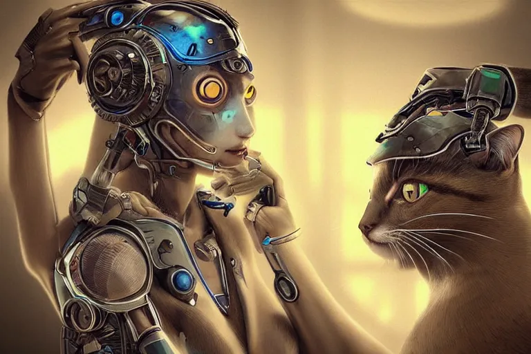 Image similar to “ a extremely detailed stunning portraits of solarpunk cyborg female cat by allen william on artstation ”