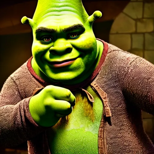 Image similar to photograph of poorly made Shrek cosplay, 8k resolution, high detail, ULTRA REALISTIC VFX, reflections