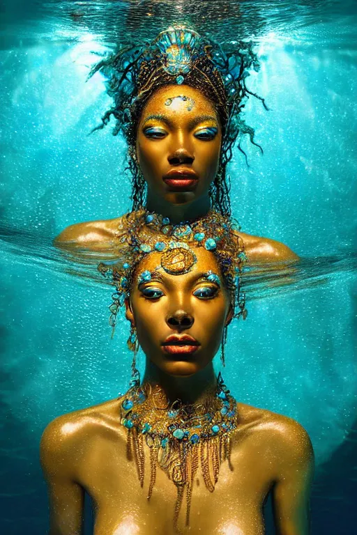 Image similar to hyperrealistic whole body cinematic bioluminescent very expressive! oshun goddess underwater scene, gold jewerly, highly detailed face, digital art masterpiece, smooth eric zener cam de leon, dramatic pearlescent turquoise light on one side, low angle uhd 8 k, shallow depth of field