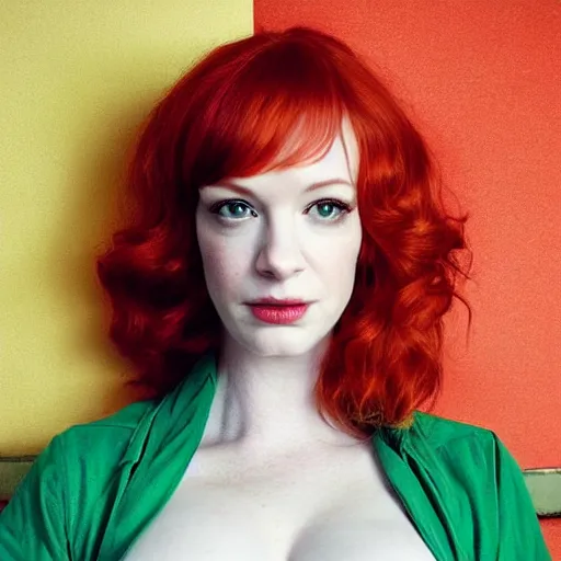 Image similar to symmetry!! christina hendricks!!! full frontal body photography of skinny christina hendricks in croptop by mario testino, croptop!! blushing, red - cheeks!!, dim volumetric cinematic lighting, 8 k, post - processing, extremely hyper - detailed, intricate, epic composition, masterpiece, stunning,