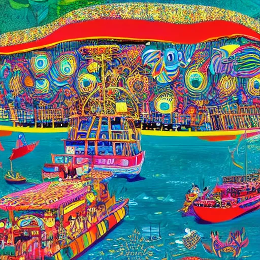 Image similar to psychedelic boat party, high resolution artistic photograph, bokeh, 4 k, epic, majestic, beautiful, by vogue magazine, by richard scarry and quentin blake