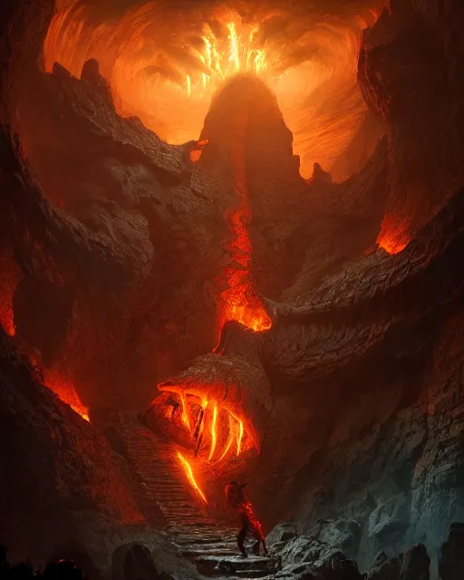 Prompt: fantasy dragon in a lava dungeon , by Greg Rutkowski and craig mullins, 8k photorealistic, cinematic lighting, HD, high details, dramatic, atmospheric , trending on artstation
