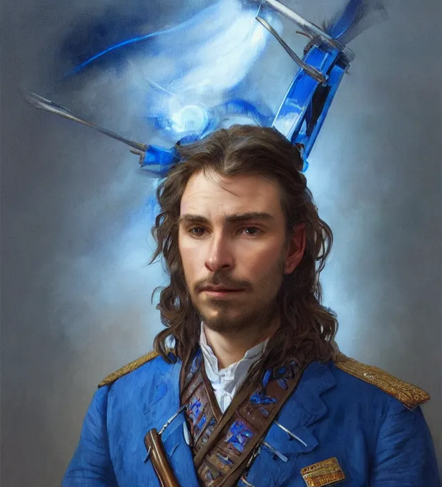 Prompt: candid portrait of a man with brown wavy hair and glowing blue eyes, surrounded by blue aura, wearing a blue traditional colonial military jacket, intricate, holding a spear, highly detailed, digital painting, artstation, concept art, sharp focus, cinematic lighting, illustration, art by artgerm and greg rutkowski, alphonse mucha, cgsociety