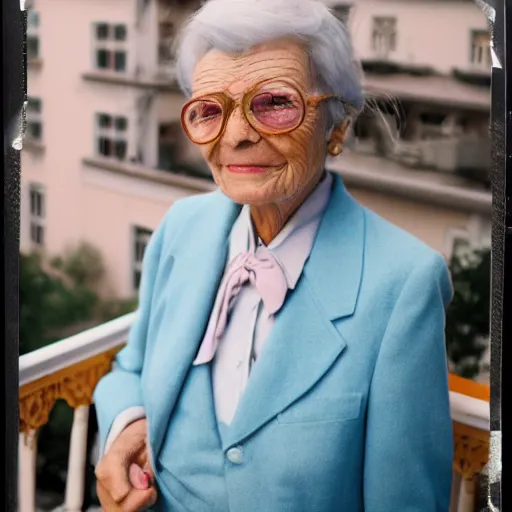 Prompt: Polaroid Medium Shot portrait of a very well-dressed old lady in a balcony of a blue hotel, photo made by Wes Anderson award winning, 4K