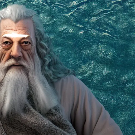 Image similar to picture of gandalf the grey relaxing at a poolside, 3 d, cinematic lighting