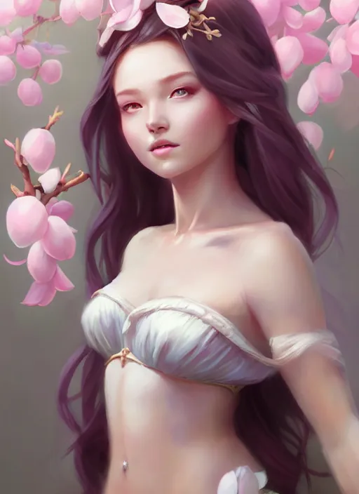 Image similar to character concept art of a goddess of magnolias as angelic young female | | seductive - fine - face, pretty face, key visual, realistic shaded perfect face, fine details by stanley artgerm lau, wlop, rossdraws, james jean, andrei riabovitchev, marc simonetti, and sakimichan, trending on artstation