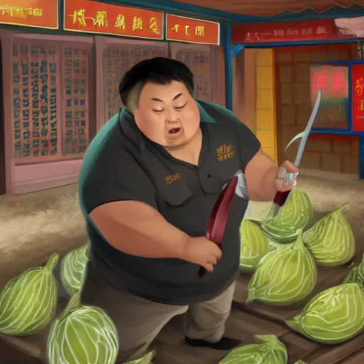 Image similar to a chinese fat guy being stabbed by a long blade in a melon stall.digital art,trending on artstation.