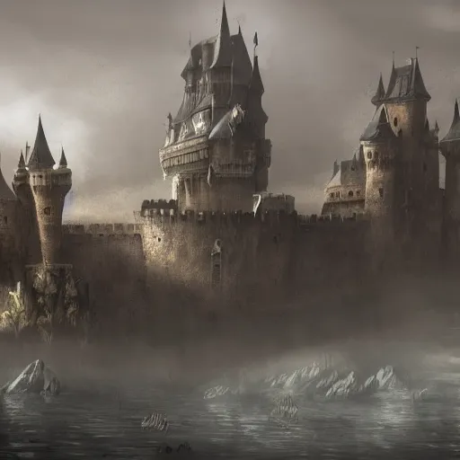 Prompt: massive castle and city underwater with a dark and gloomy theme, matte painting, ultra fine detail, trending on artstation, concept art