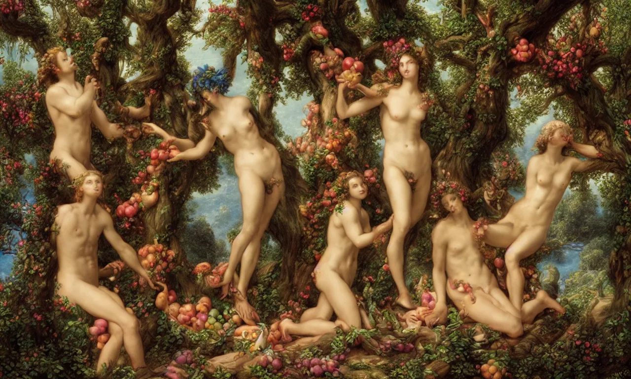 Prompt: a colorful luminous rococo fairytale of adam and eve in paradise eating the forbidden fruit, by gustave dore but in color, colorized, hyper realistic, classical style art, light colorful pastel color scheme, volumetric lighting, rendered with unreal engine 5, rococo style, octane, trending on cgsociety,