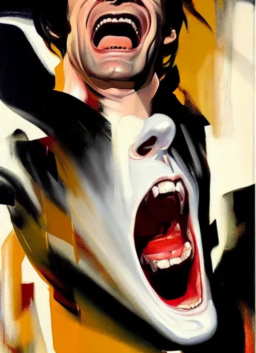 Image similar to bill hader, barry, screaming, painting by phil hale, 'action lines'!!!, graphic style, visible brushstrokes, motion blur, blurry