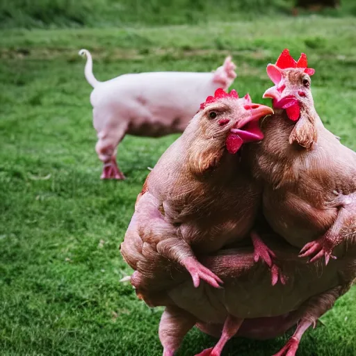 Prompt: photo of chicken standing on pig's back