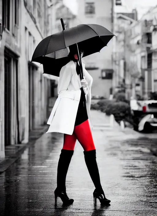 Prompt: a beautiful white pale skin girl, black and white, vibrent red lipstick, umbrella, hat