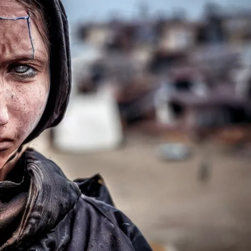 Image similar to photographic portrait of a poor techwear woman holding back tears, a futuristic shanty town burns in the background, closeup, sigma 85mm f/1.4, 4k, depth of field, high resolution, 4k, 8k, hd, full color