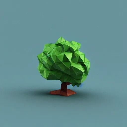 Image similar to a 3d low poly object of just a small green tree on the blue background