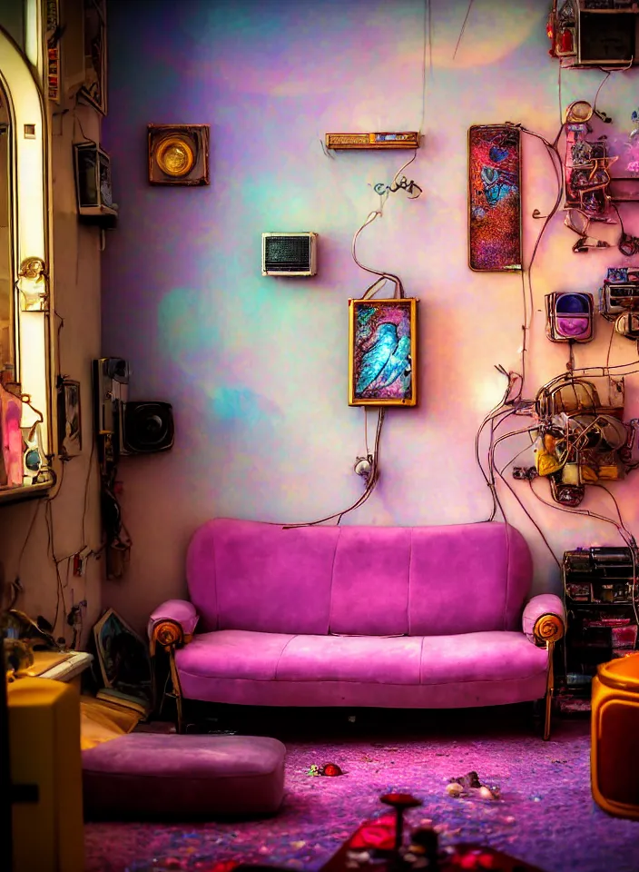 Prompt: telephoto 7 0 mm f / 2. 8 iso 2 0 0 photograph depicting the feeling of chrysalism in a cosy safe cluttered french sci - fi ( art nouveau ) cyberpunk apartment in a pastel dreamstate art cinema style. ( sofa ) ( ( fish tank ) ), ambient light.