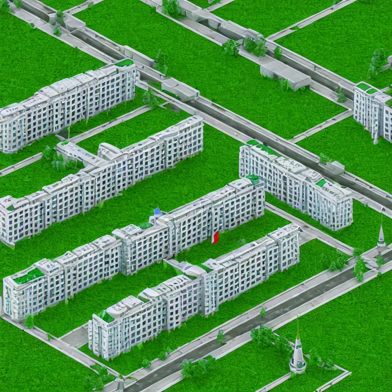 Prompt: photo of one-point perspective in the center. soviet town. Two infinitely long soviet five-story panel buildings. A perfect green grass in the center. High detail, details, ultra realistic render, octane, 3D, photorealism, symmetric, cloudless-crear-sky, cinematic