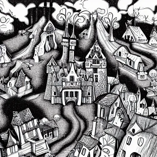 Prompt: vibrant colorful mcbess illustration of a haunted castle in the woods, set an the end of a winding road
