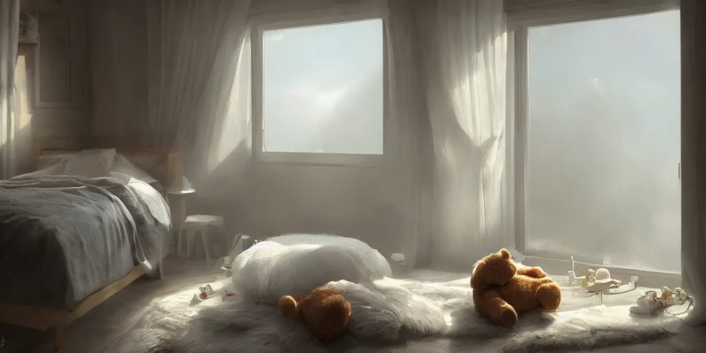 Image similar to a room with a bed, teddy bears and a window, a photorealistic painting by james paick, cgsociety, photorealism, volumetric lighting, matte painting, photorealistic