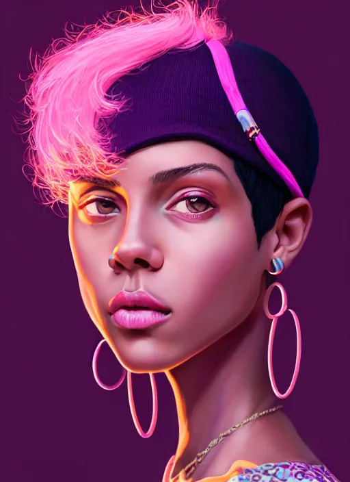 Image similar to portrait of teenage vanessa morgan with bright pink hair, black girl, curly pixie cut hair, wearing a purple breton cap, breton cap, hoop earrings, intricate, elegant, glowing lights, highly detailed, digital painting, artstation, concept art, smooth, sharp focus, illustration, art by wlop, mars ravelo and greg rutkowski