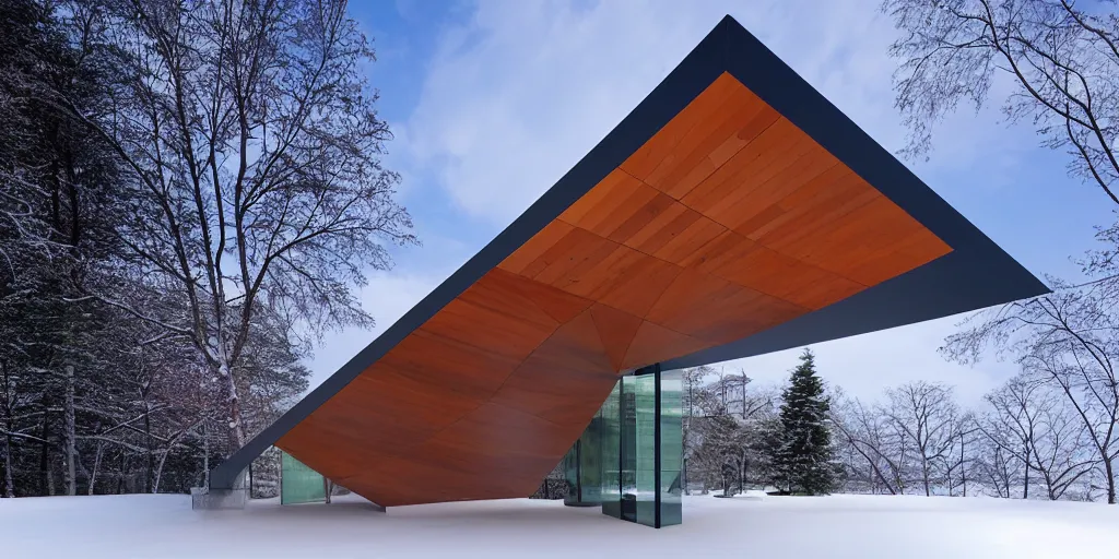 Prompt: faceted roof planes lift and descend creating shade and architectural expression, highly detailed, situated in snow, vivid color