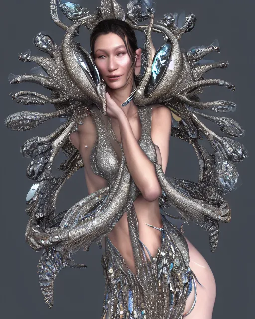 Prompt: a highly detailed metahuman 8 k close up render portrait of an alien goddess bella hadid as nymph in iris van herpen dress schiaparelli in diamonds crystals swarovski and jewelry iridescent in style of alphonse mucha gustav klimt trending on artstation made in unreal engine 4