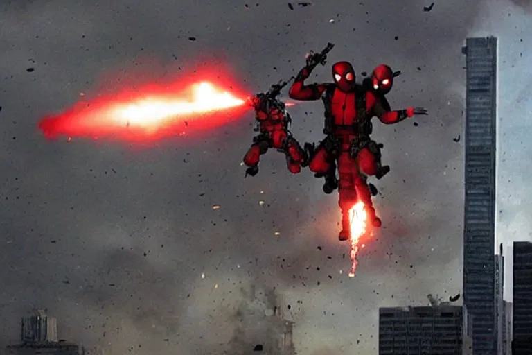 Image similar to militarily helicopter firing missiles and Deadpool leaps off smashes through high rise window, explosions, by Michael Bay