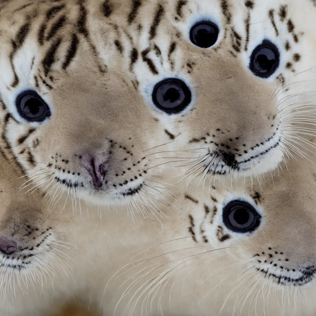 Prompt: baby harp seal tiger chimera, close up photo, national geographic photo